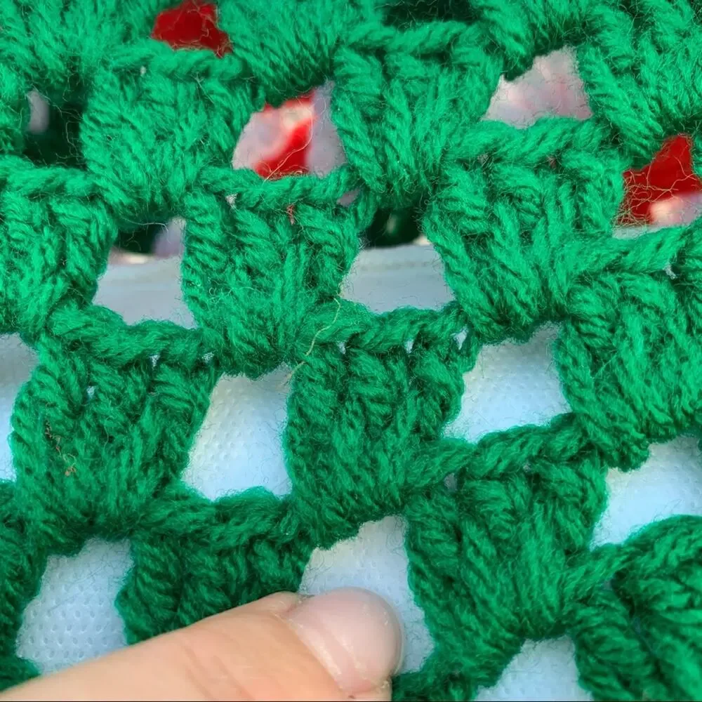 Vintage crochet granny square Christmas pillow red green